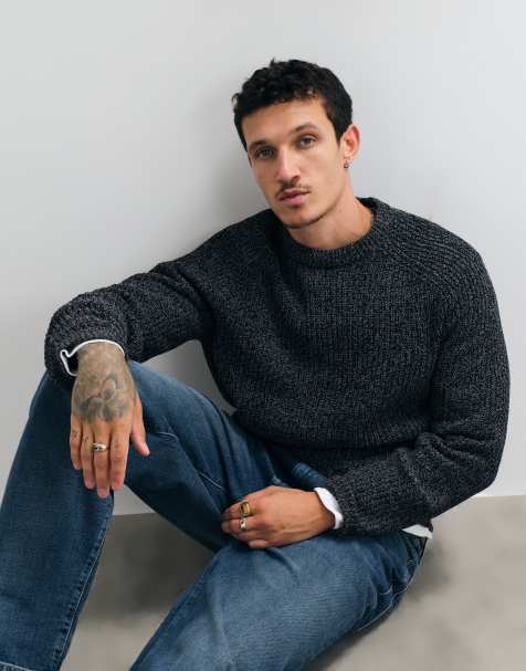 ONLY & SONS relaxed fit raglan crew neck knit jumper in black marl - view 1
