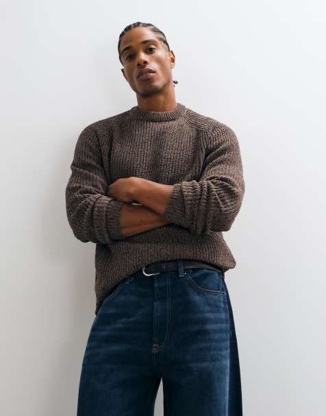 ONLY & SONS relaxed fit raglan crew neck knit sweater in brown heather - view 1