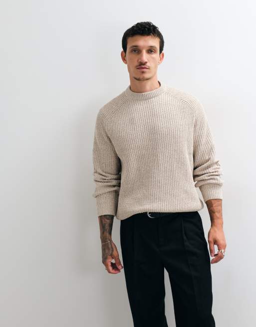 ONLY & SONS relaxed fit raglan crew neck knit sweater in cream marl, 3 of 5
