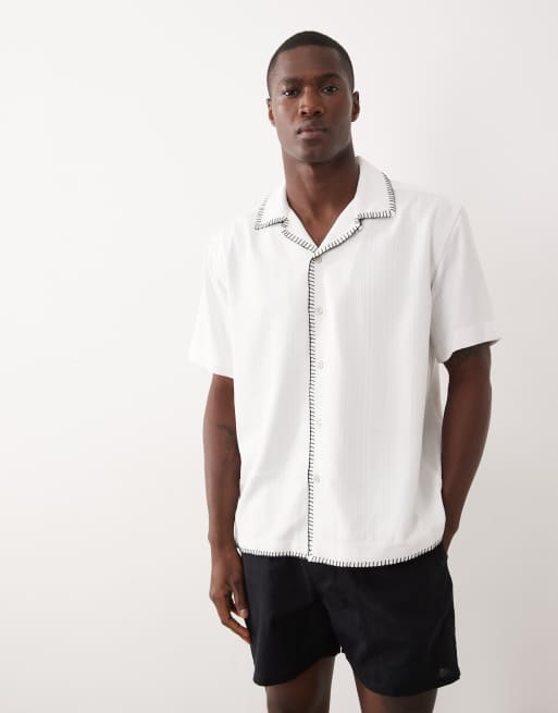 ONLY & SONS relaxed fit resort shirt with stitch detail in white, 2 of 5