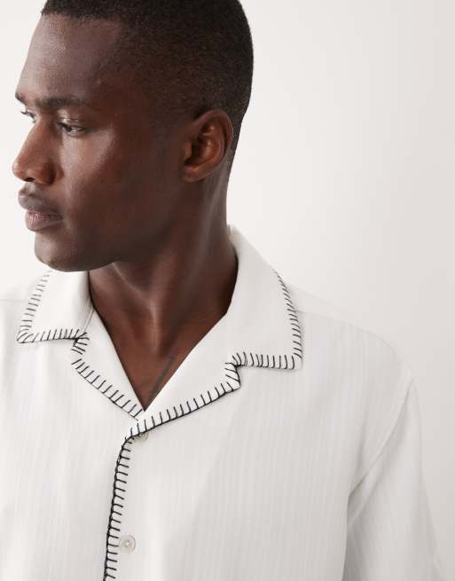 ONLY & SONS relaxed fit resort shirt with stitch detail in white, 3 of 5