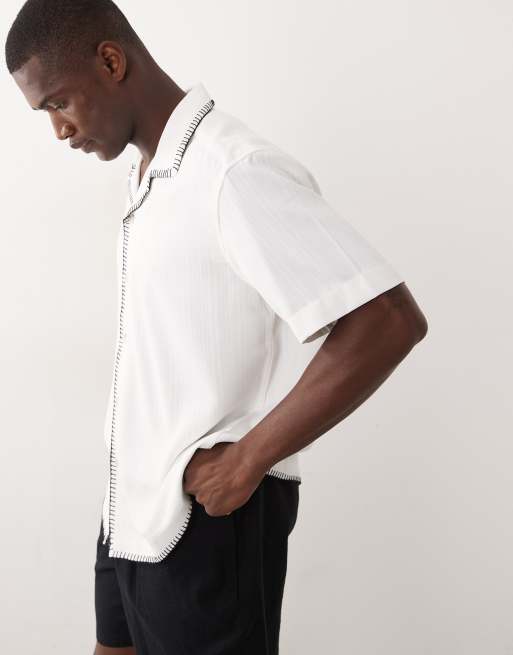 ONLY & SONS relaxed fit resort shirt with stitch detail in white, 4 of 5