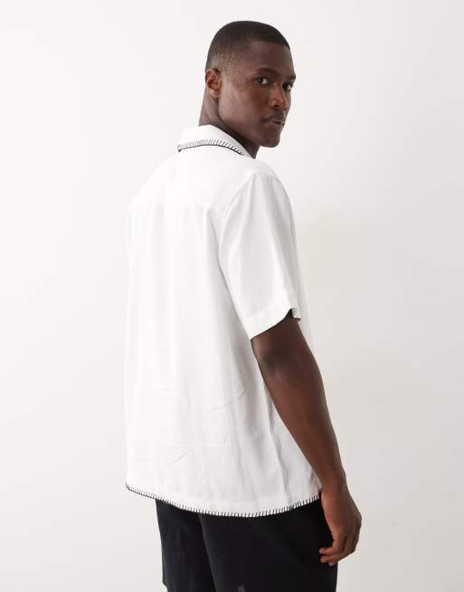 ONLY & SONS relaxed fit resort shirt with stitch detail in white, 5 of 5
