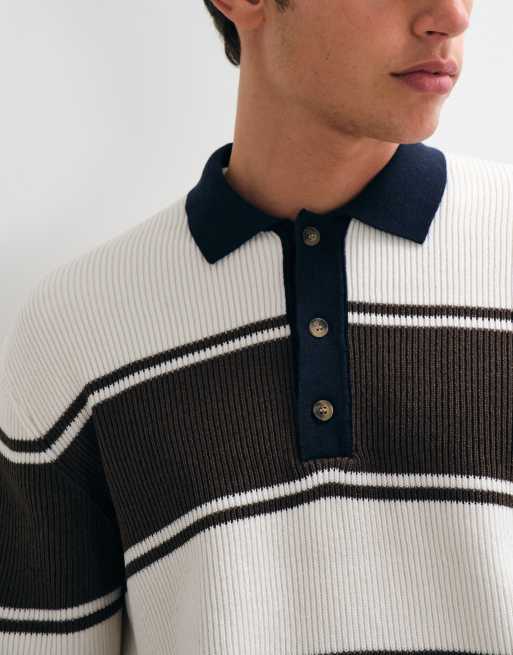 ONLY & SONS relaxed fit rugby polo knit jumper in white and chocolate stripe, 5 of 5