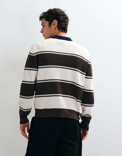 ONLY & SONS Relaxed-Fit Rugby-Polo-Strickpullover in Weiß und Schokobraun gestreift, 3 von 5