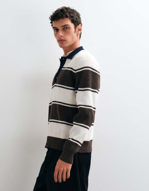 ONLY & SONS Relaxed-Fit Rugby-Polo-Strickpullover in Weiß und Schokobraun gestreift, 4 von 5