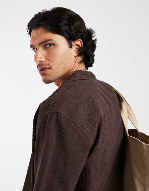 ONLY & SONS relaxed fit seersucker shirt with resort collar co-ord in dark brown, 2 of 5