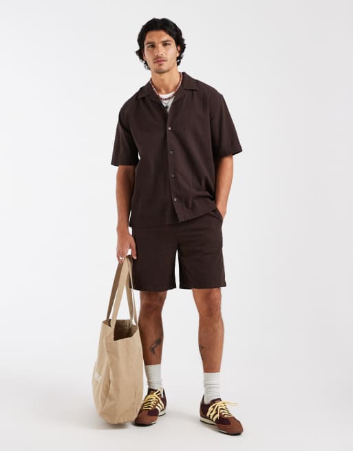 ONLY & SONS relaxed fit seersucker shirt with resort collar co-ord in dark brown, 3 of 5