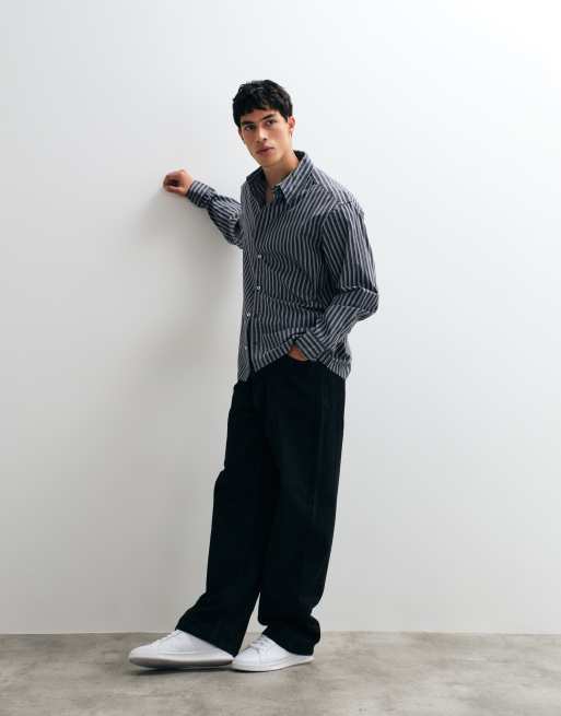 ONLY & SONS relaxed fit shirt in grey with white stripes, 3 of 5