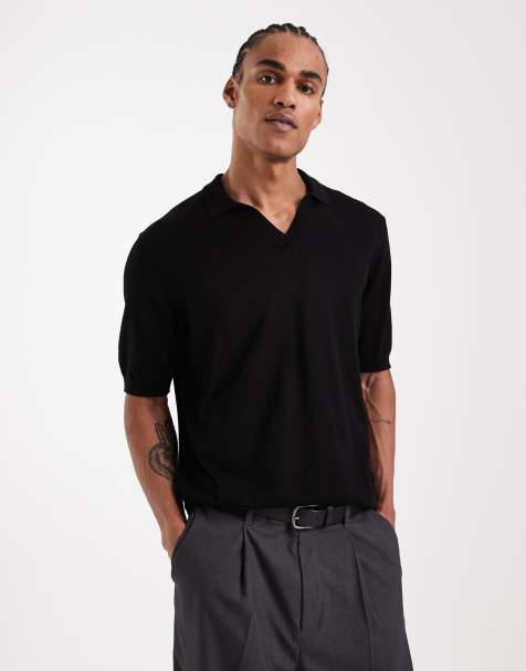 ONLY & SONS relaxed fit split neck polo in black - view 1