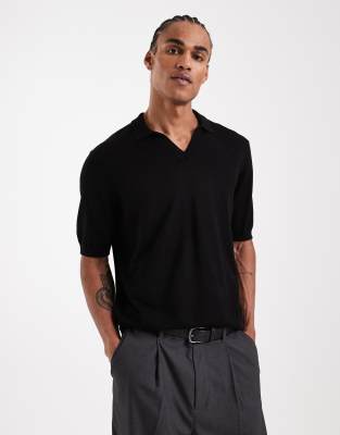 Only & Sons Relaxed Fit Split Neck Polo Shirt In Black