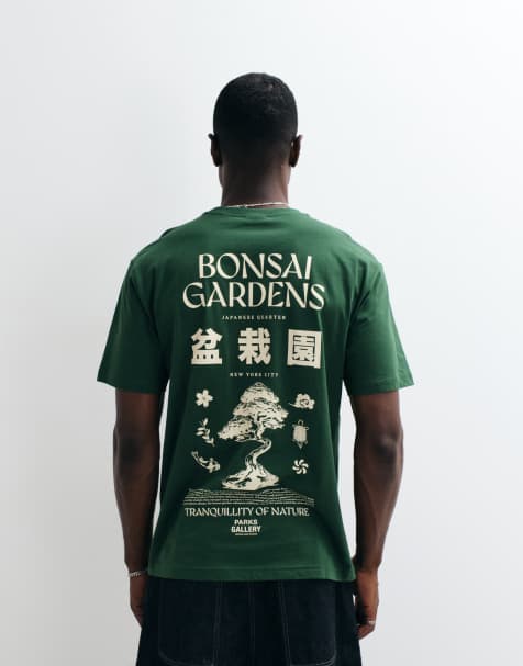 ONLY & SONS – Relaxed-Fit-T-Shirt in Grün mit „Bonsai Gardens“-Rückenprint - view 1
