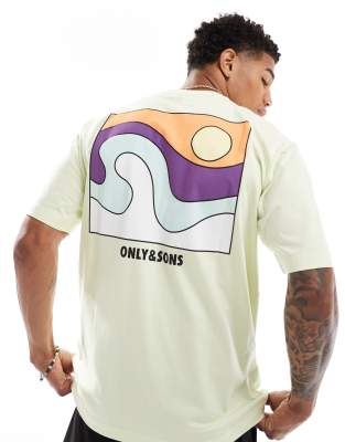 Only & Sons Relaxed Fit T-shirt With Block Beach Back Print In Green