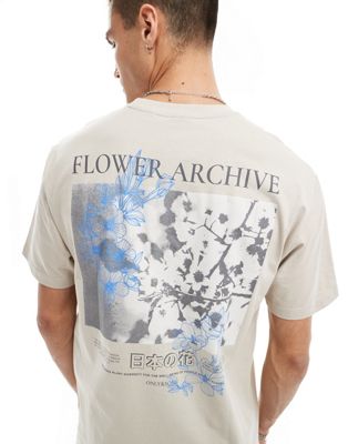 ONLY & SONS relaxed fit t-shirt with botanical back print in beige-Neutral
