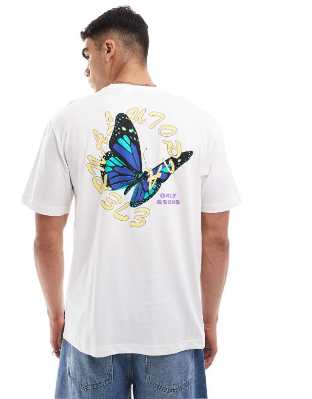 ONLY & SONS - relaxed fit t-shirt with butterfly back print in white