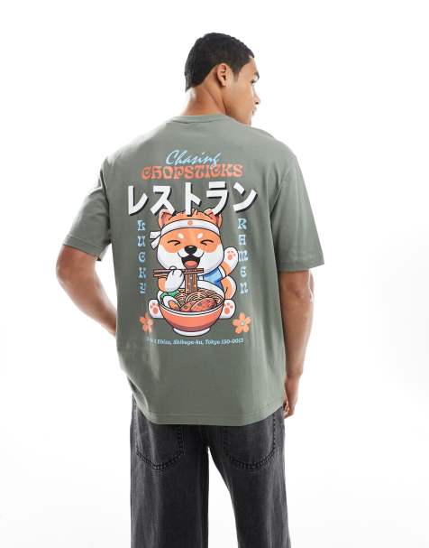 ONLY & SONS relaxed fit t-shirt with chopsticks back print in charcoal - view 1