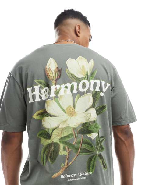 ONLY & SONS relaxed fit t-shirt with harmony print in green grey - view 1