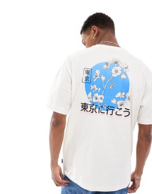 Only & Sons relaxed fit t-shirt with Japanese blossom back print in white