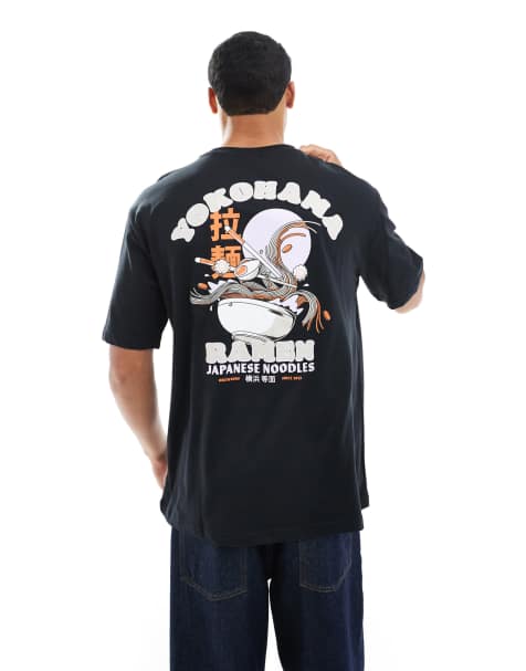 ONLY & SONS relaxed fit t-shirt with ramen bowl back print in black