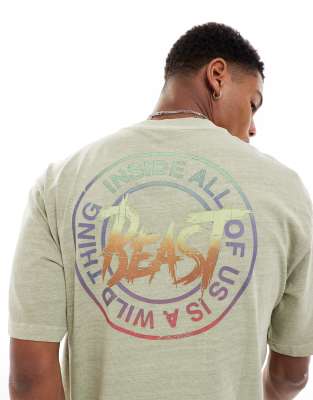 relaxed fit T-shirt with retro beast back print in washed khaki-Green