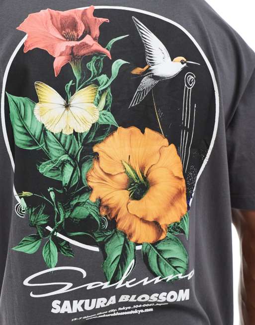 ONLY & SONS relaxed fit t-shirt with sakura blossom print in charcoal