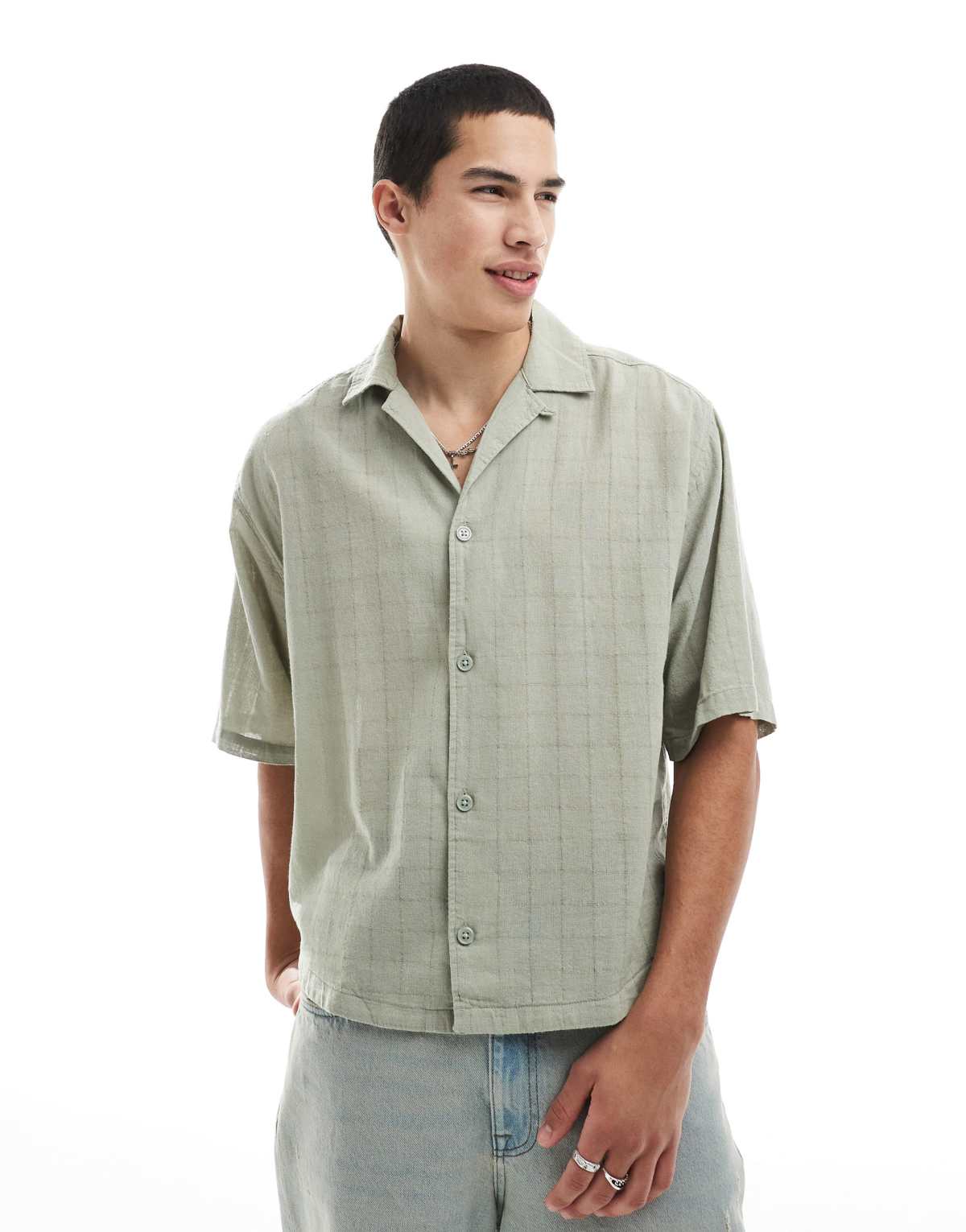 ONLY & SONS relaxed fit textured revere collar shirt in light sage