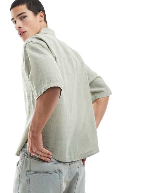 ONLY & SONS relaxed fit textured revere collar shirt in light sage, 3 of 4