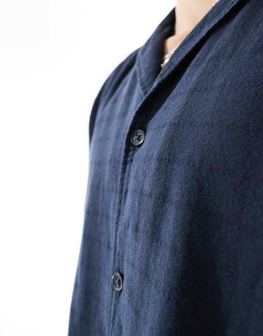 ONLY & SONS relaxed fit textured revere collar shirt in navy, 3 of 4