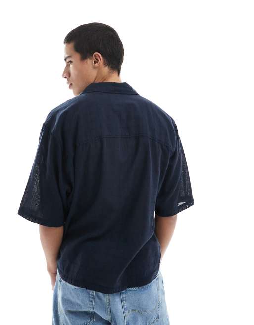 ONLY & SONS relaxed fit textured revere collar shirt in navy, 4 of 4
