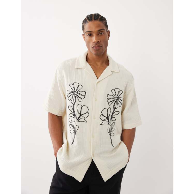 ONLY & SONS relaxed fit textured short sleeve shirt in cream with
