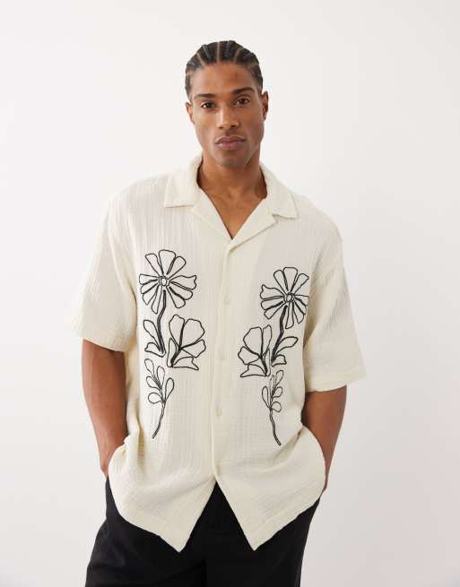 ONLY & SONS relaxed fit textured short sleeve shirt in cream with