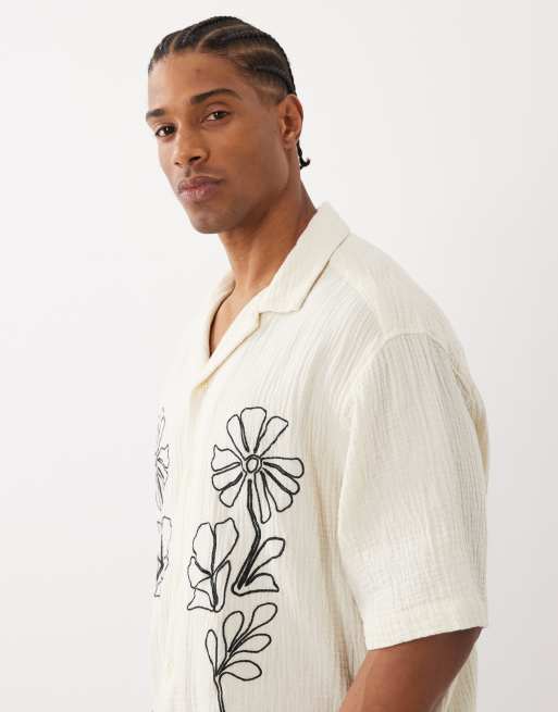 ONLY & SONS relaxed fit textured short sleeve shirt in cream with black floral embroidery, 4 of 5