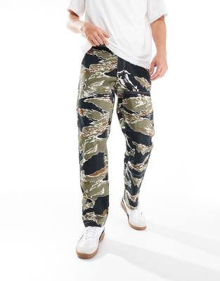 relaxed fit worker pants with tiger camo print in black