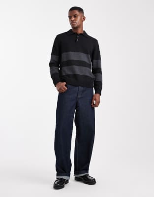 Only & Sons Relaxed Long Sleeve Polo Collar Knit Sweater In Black