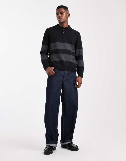 ONLY & SONS relaxed long sleeve polo knit in black with grey stripe, 2 of 5