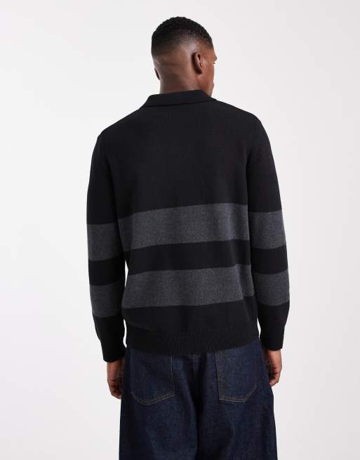 ONLY & SONS relaxed long sleeve polo knit in black with grey stripe, 4 of 5
