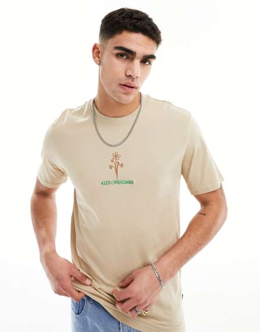 Only & Sons relaxed t-shirt with flower embroidery in beige