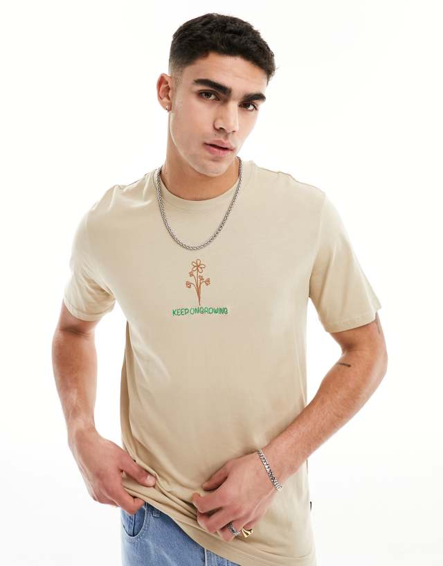 ONLY & SONS - relaxed t-shirt with flower embroidery in beige