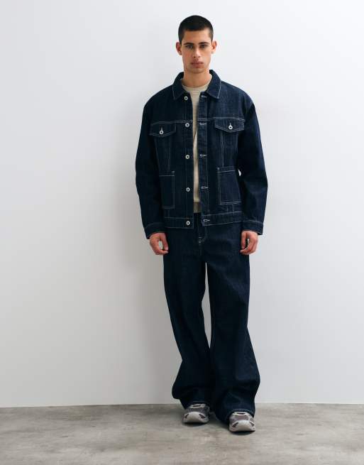 ONLY & SONS – Mörkblått set med jeans och jeansjacka med kontrastsömmar, 2 av 3