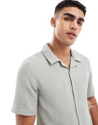 ONLY & SONS revere collar cheesecloth shirt co-ord in light sage-Green