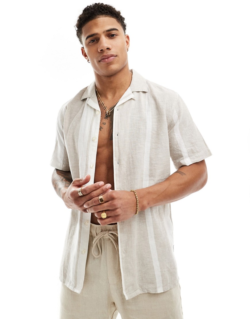 ONLY & SONS revere collar linen mix shirt in beige stripe-Neutral
