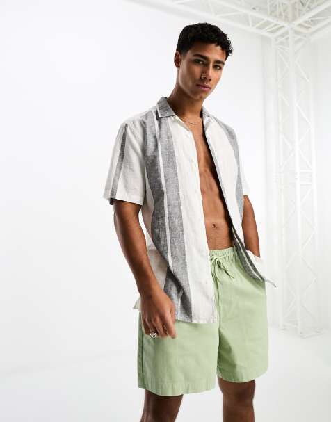 Only & Sons revere collar linen mix shirt in navy stripe 
