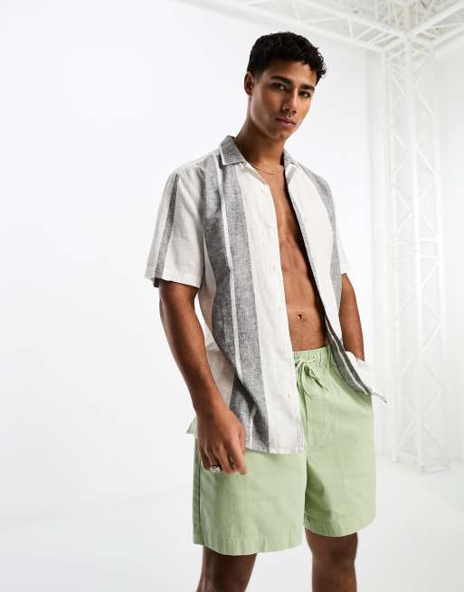 Only & Sons revere collar linen mix shirt in navy stripe 
