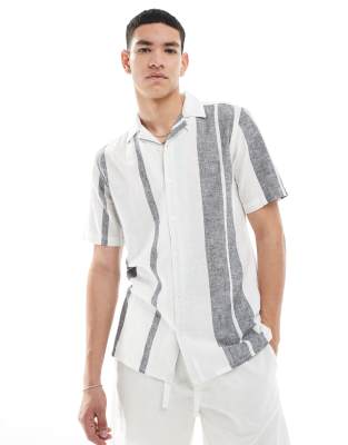 revere collar linen mix shirt in navy stripe