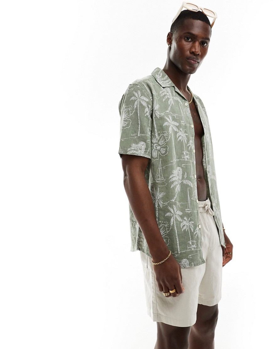 revere collar linen mix shirt in sage Hawaiian print-Green