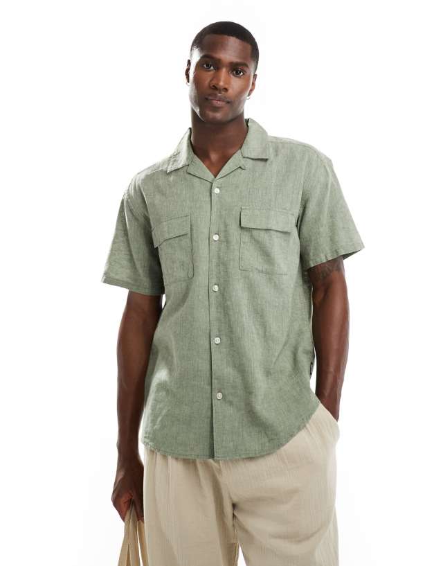 ONLY & SONS - revere collar linen shirt with pocket detail in khaki