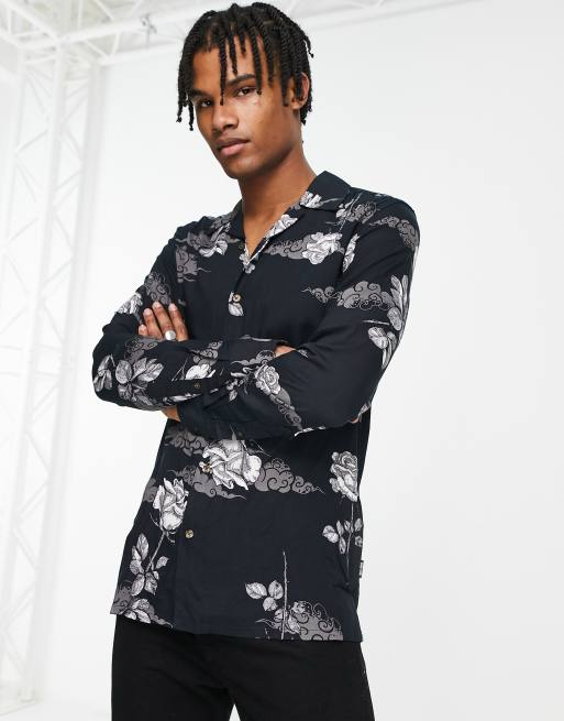 Only & Sons revere collar long sleeve shirt in black rose print