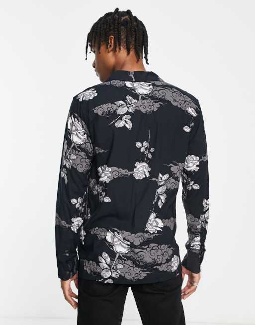 Black long sleeve shop shirt with roses