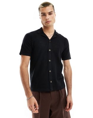 Only & Sons Revere Collar Open Knit Shirt In Black
