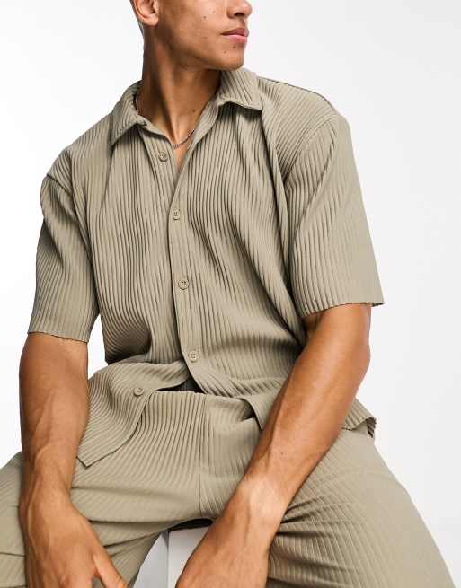 Only & Sons revere collar oversized ribbed shirt in khaki (part of a set) 